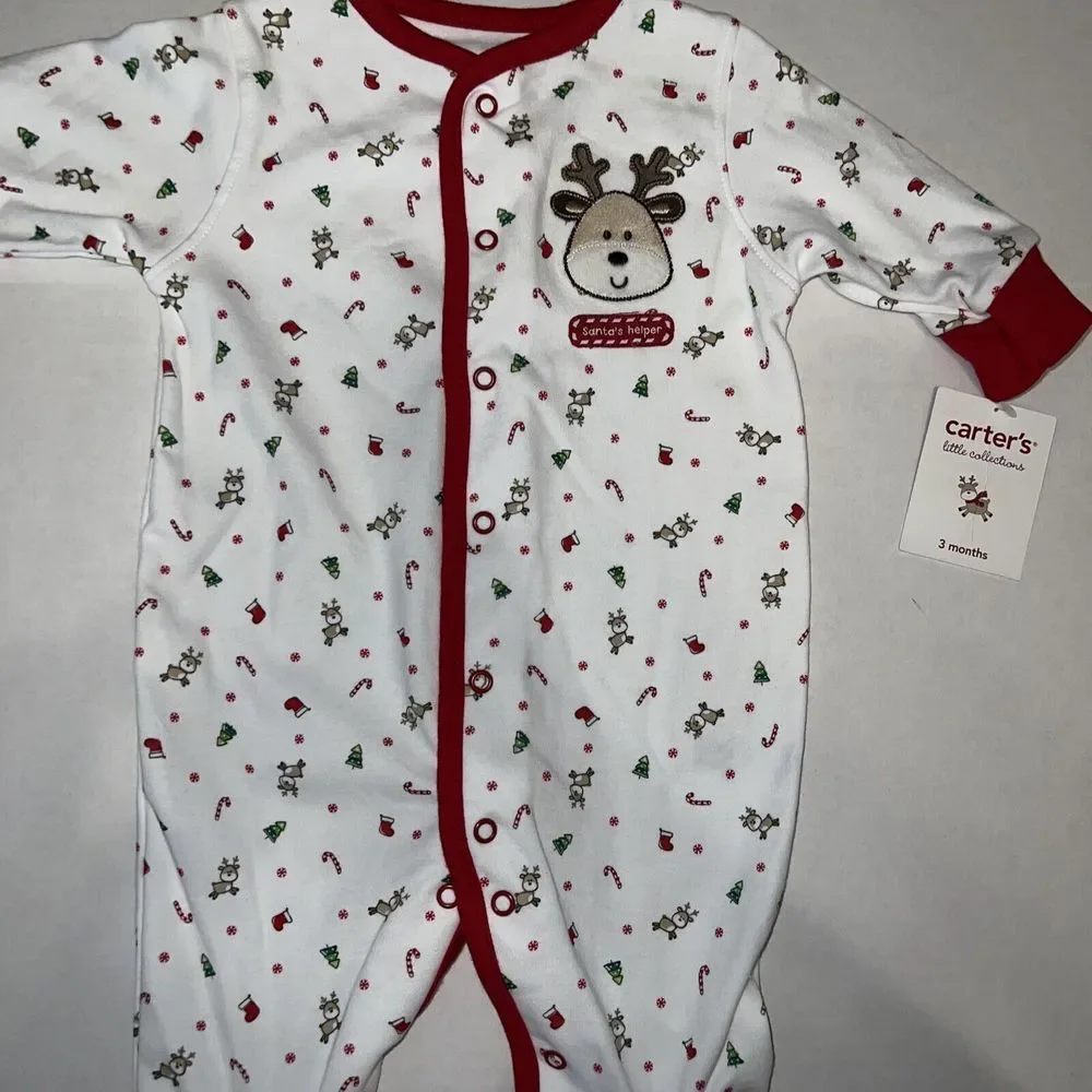 Baby Carters Christmas Reindeer Cotton Sleeper 1 Piece Pajamas PJ's 3 Months NWT